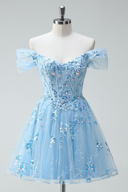Sky Blue A Line Short Homecoming Dress with Appliques 