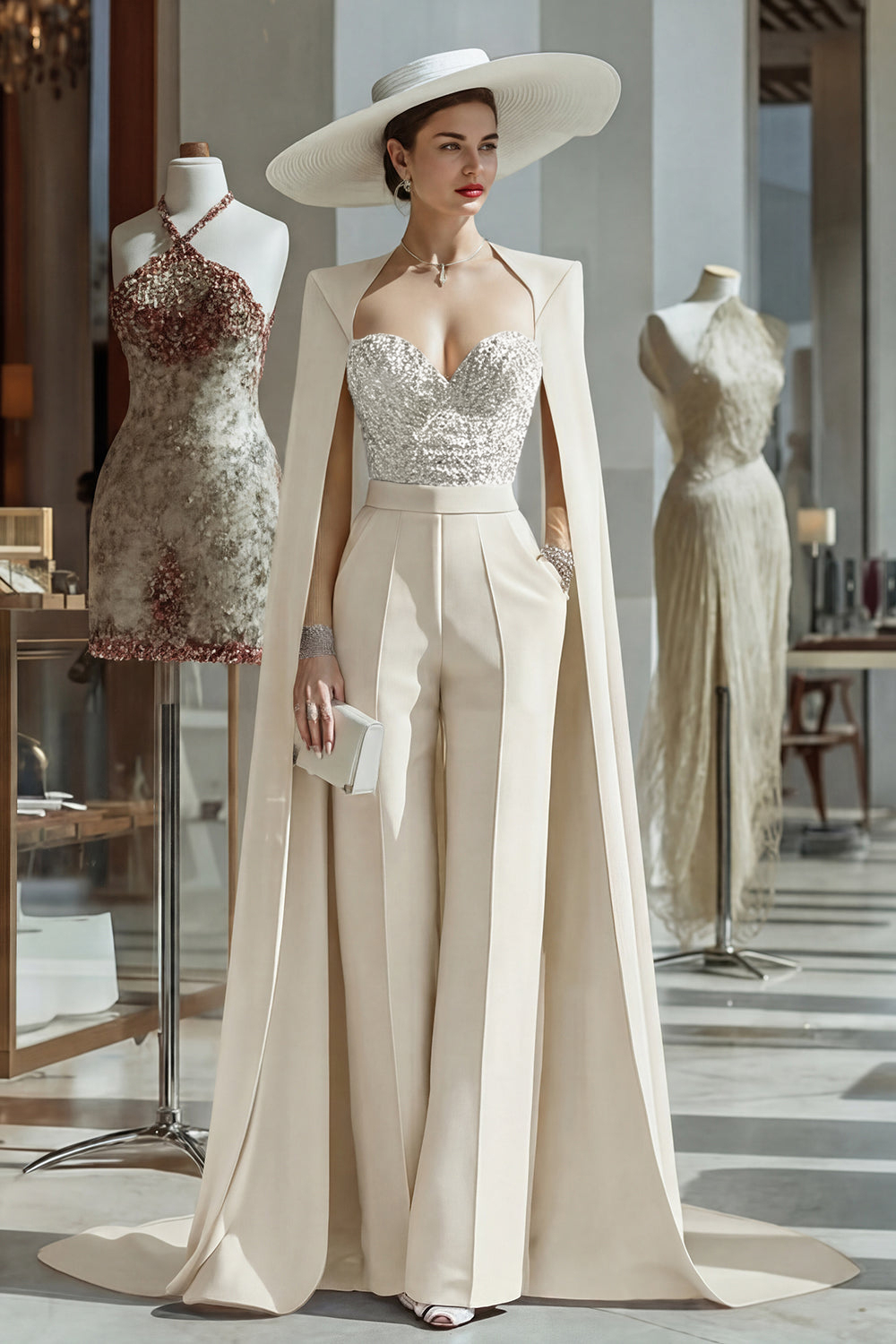 Cabernet Long Sleeves Mother of the Bride Jumpsuits with Cape