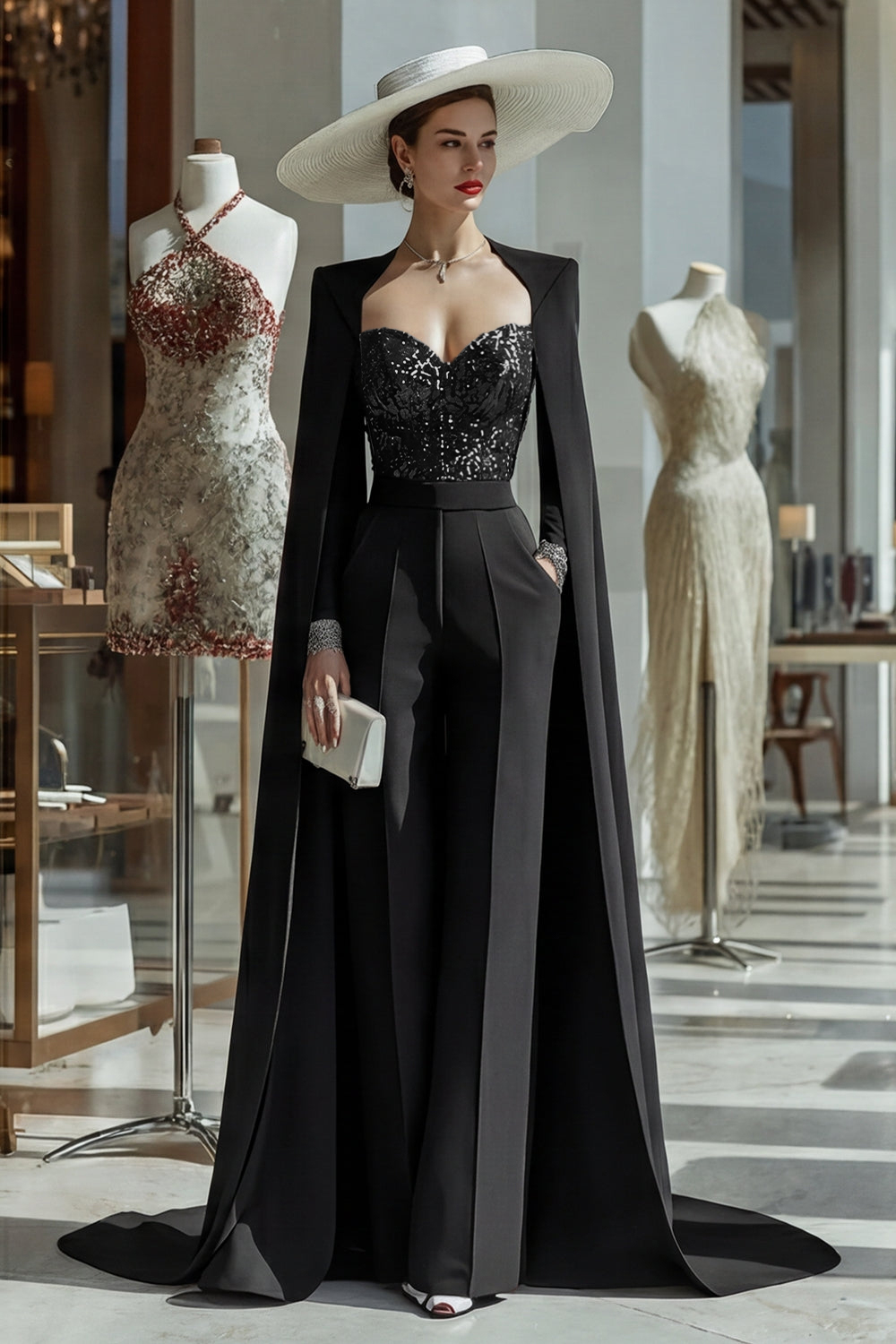 Cabernet Long Sleeves Mother of the Bride Jumpsuits with Cape