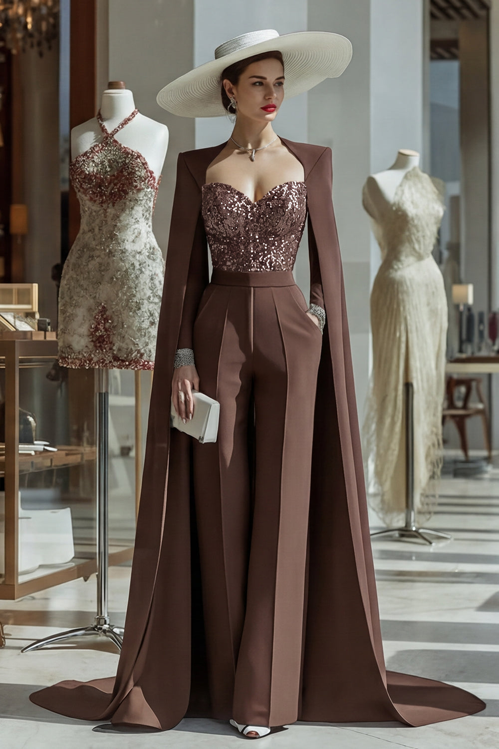 Cabernet Long Sleeves Mother of the Bride Jumpsuits with Cape