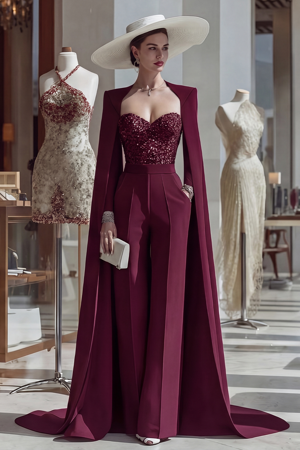Cabernet Long Sleeves Mother of the Bride Jumpsuits with Cape