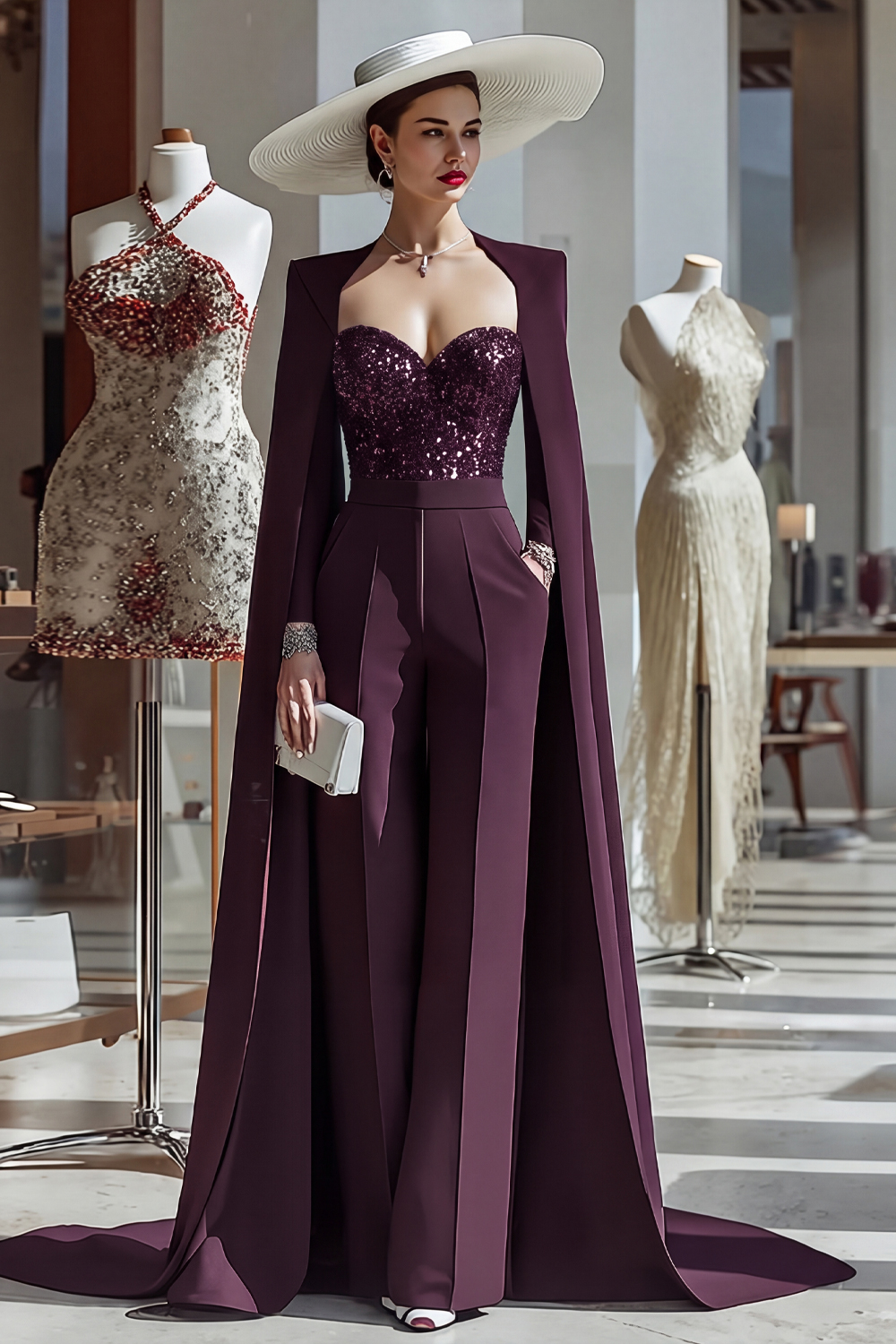 Leely Women Sparkly Cabernet Mother of the Bride Jumpsuits with Pocket Long Sleeves Mother Of the Groom Jumpsuits with Cape