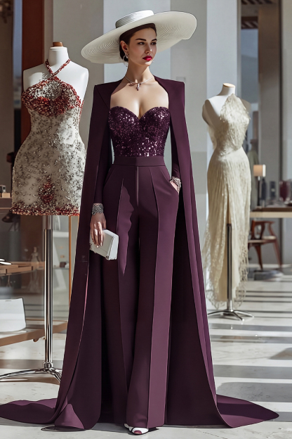 Leely Women Sparkly Cabernet Mother of the Bride Jumpsuits with Pocket Long Sleeves Mother Of the Groom Jumpsuits with Cape