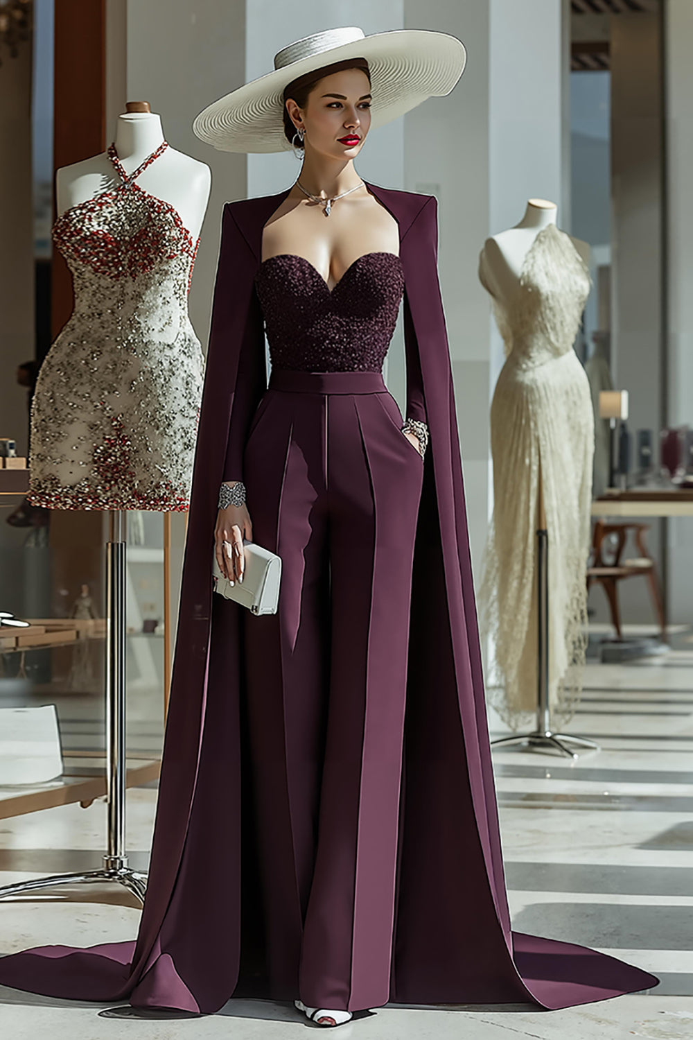 Cabernet Long Sleeves Mother of the Bride Jumpsuits with Cape