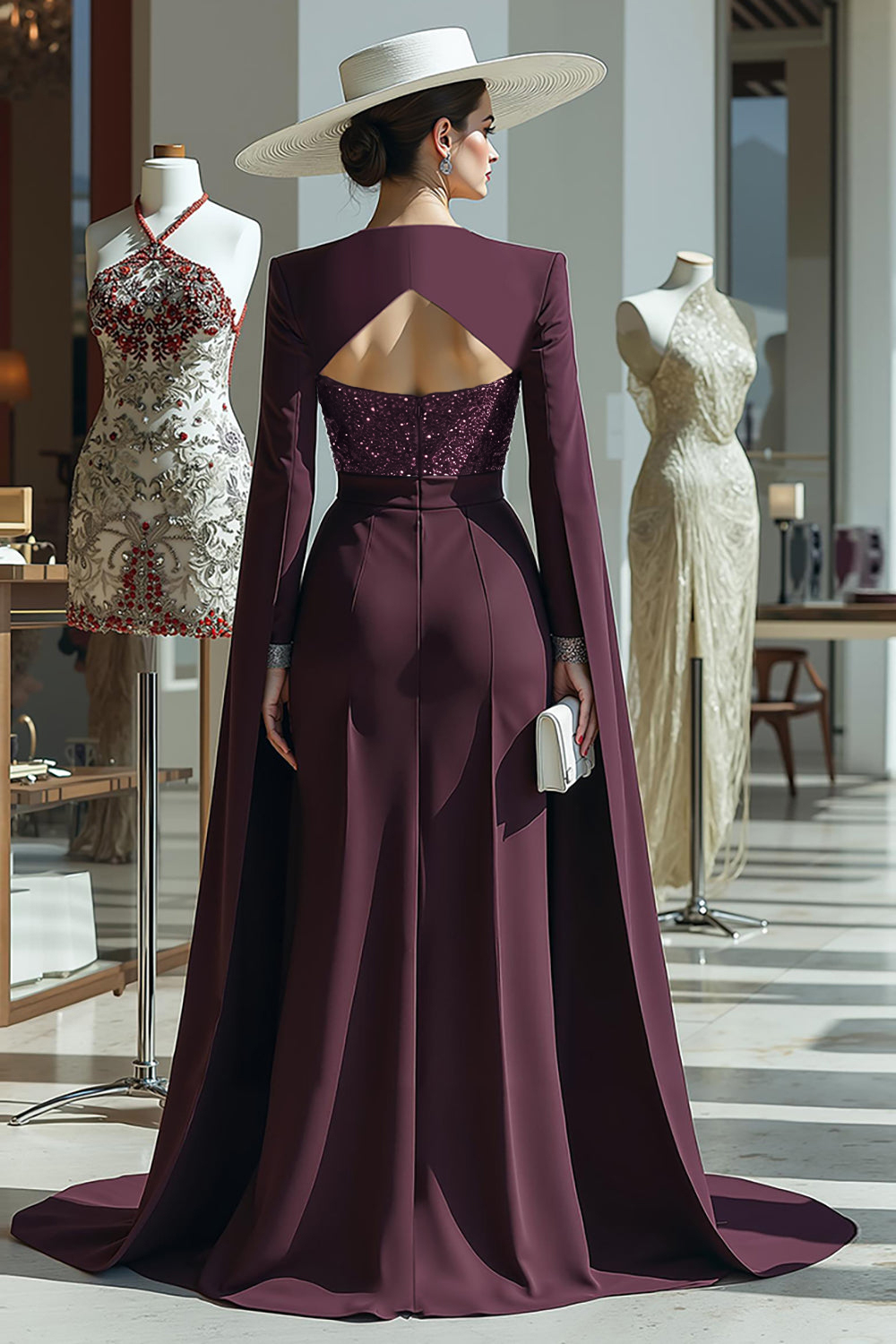 Cabernet Long Sleeves Mother of the Bride Jumpsuits with Cape