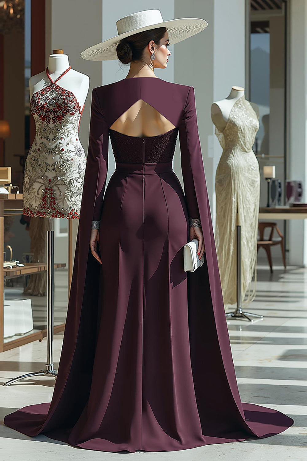 Cabernet Long Sleeves Mother of the Bride Jumpsuits with Cape