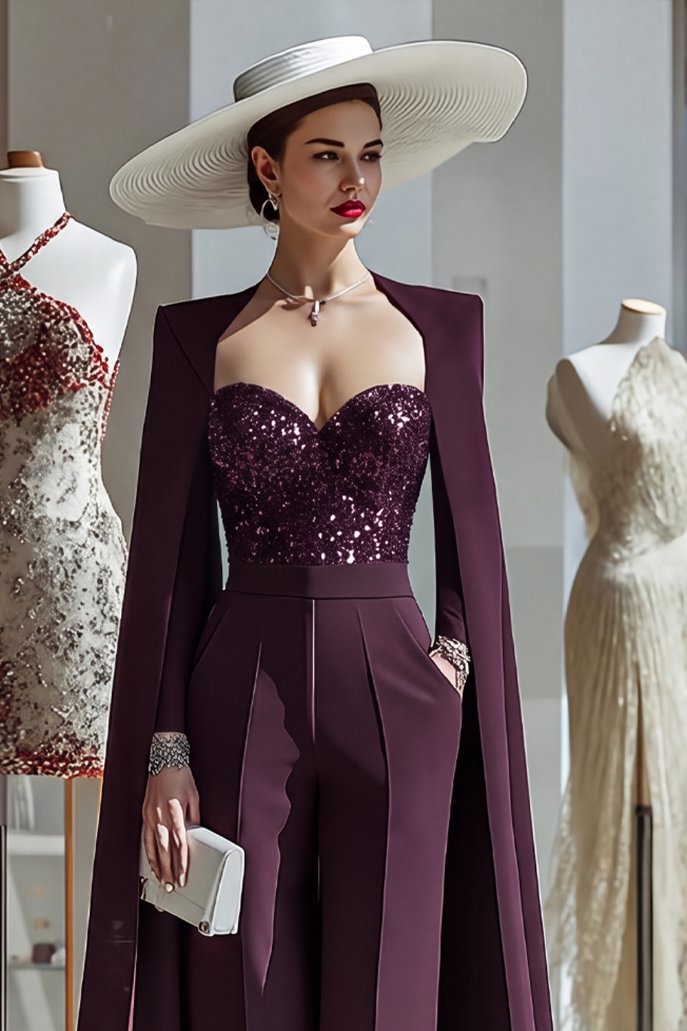Cabernet Long Sleeves Mother of the Bride Jumpsuits with Cape