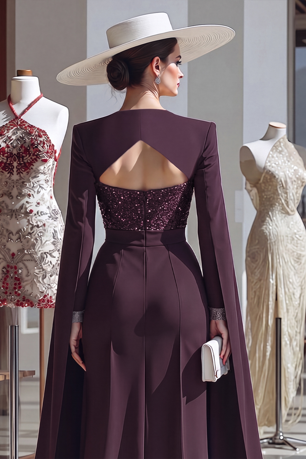 Cabernet Long Sleeves Mother of the Bride Jumpsuits with Cape