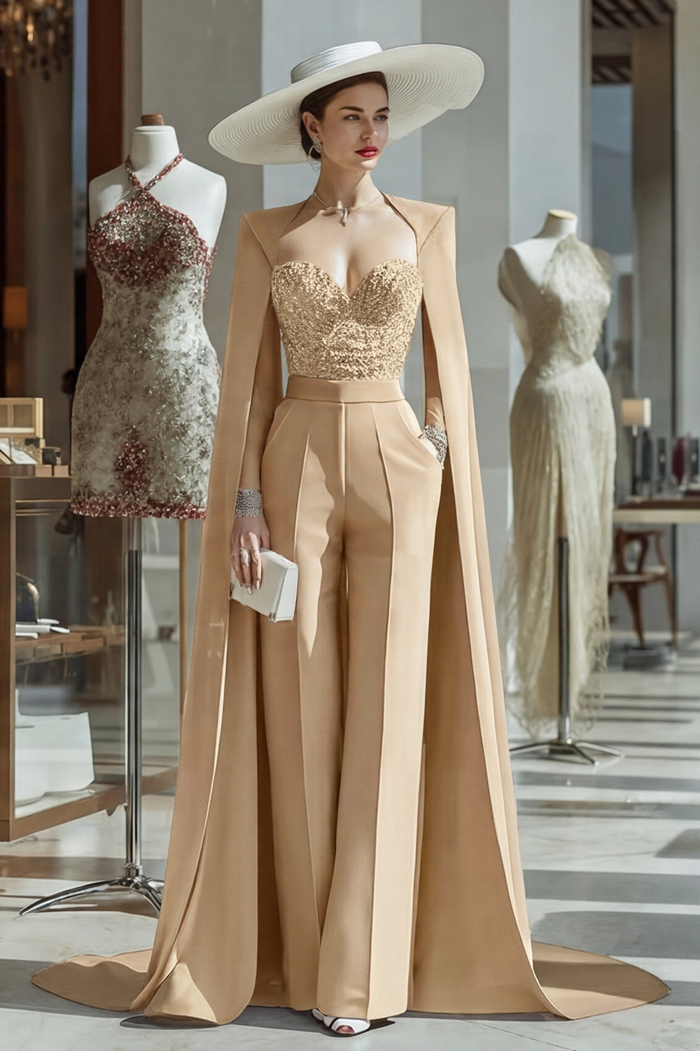 Cabernet Long Sleeves Mother of the Bride Jumpsuits with Cape