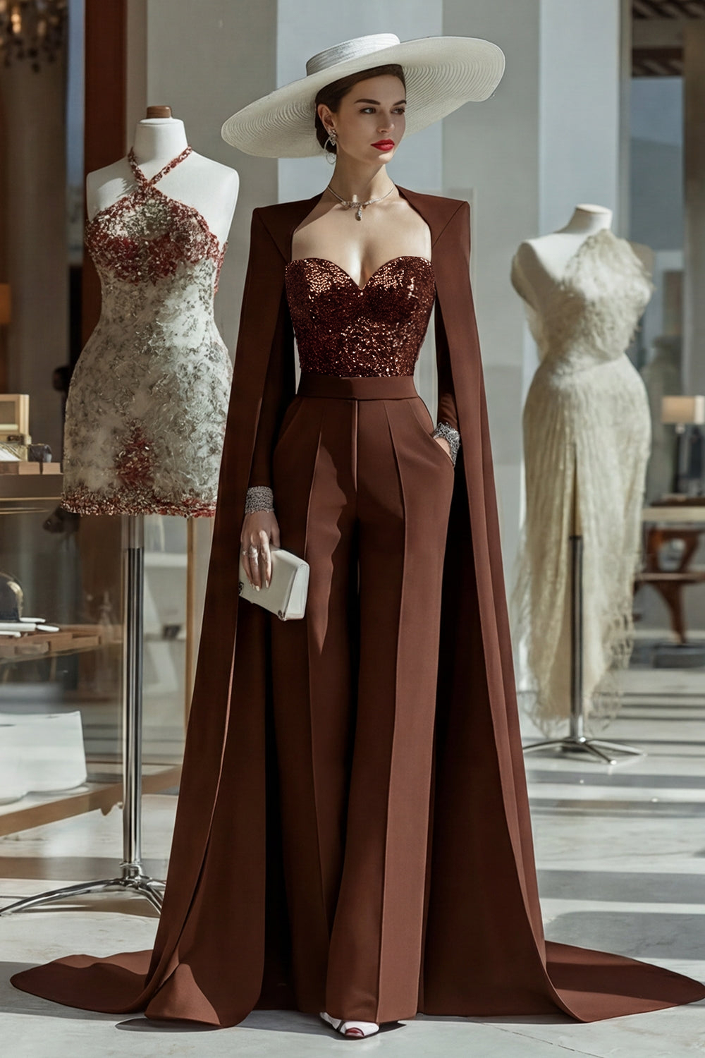 Leely Women Sparkly Cabernet Mother of the Bride Jumpsuits with Pocket Long Sleeves Mother Of the Groom Jumpsuits with Cape