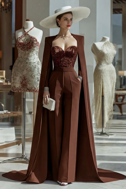 Leely Women Sparkly Cabernet Mother of the Bride Jumpsuits with Pocket Long Sleeves Mother Of the Groom Jumpsuits with Cape