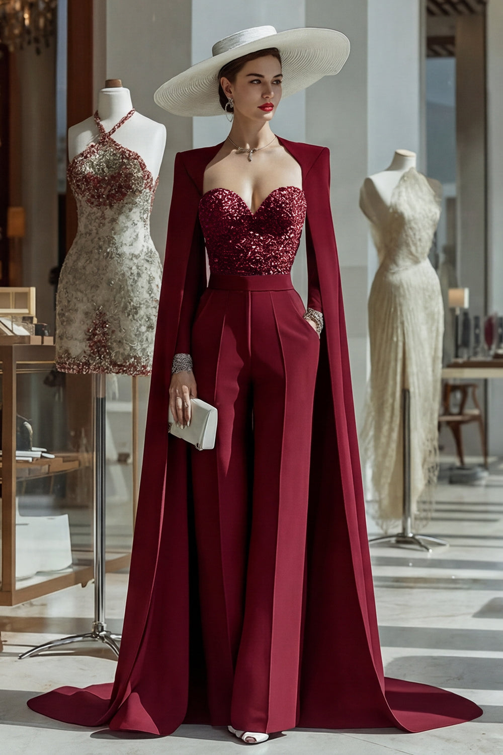 Cabernet Long Sleeves Mother of the Bride Jumpsuits with Cape