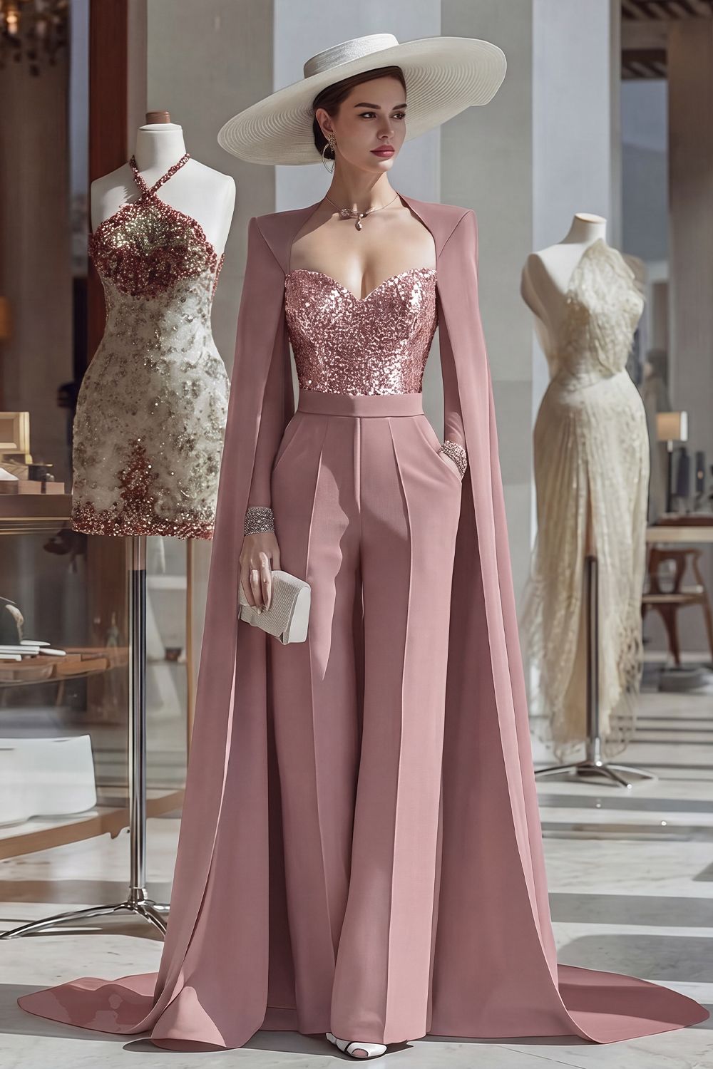 Cabernet Long Sleeves Mother of the Bride Jumpsuits with Cape
