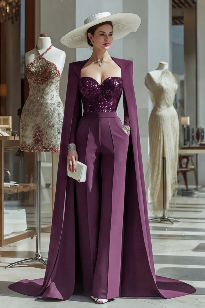 Cabernet Long Sleeves Mother of the Bride Jumpsuits with Cape