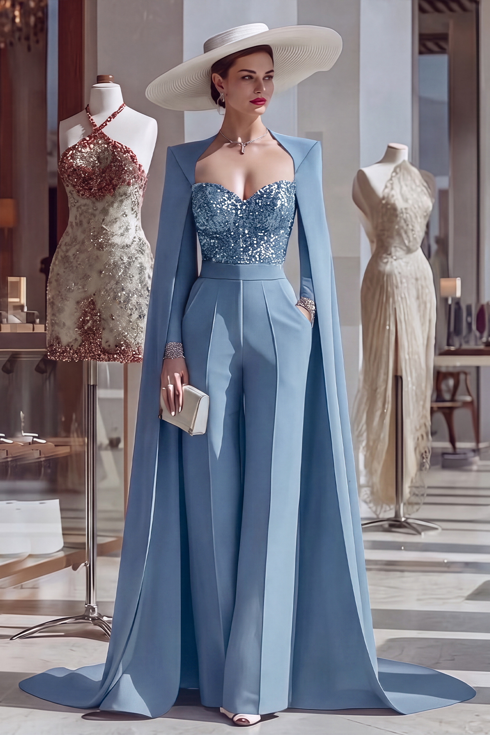 Cabernet Long Sleeves Mother of the Bride Jumpsuits with Cape