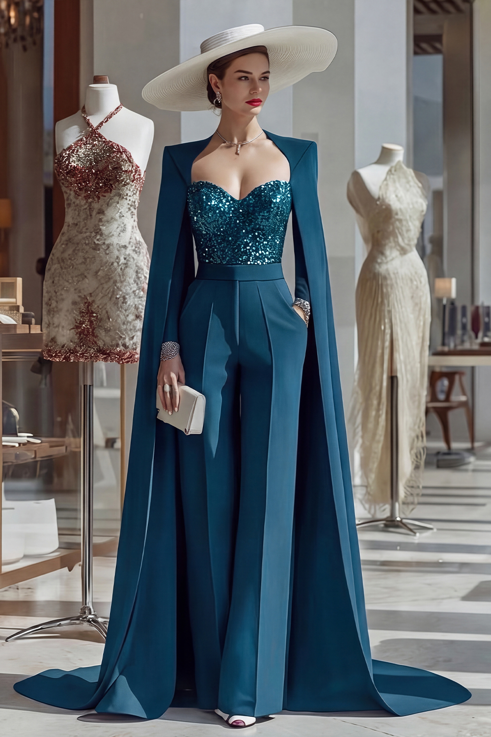 Cabernet Long Sleeves Mother of the Bride Jumpsuits with Cape