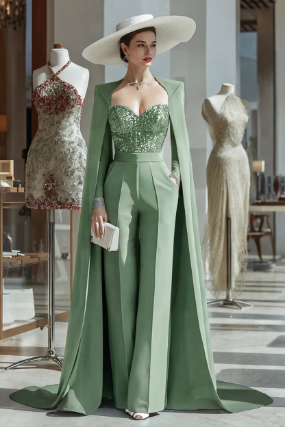Cabernet Long Sleeves Mother of the Bride Jumpsuits with Cape