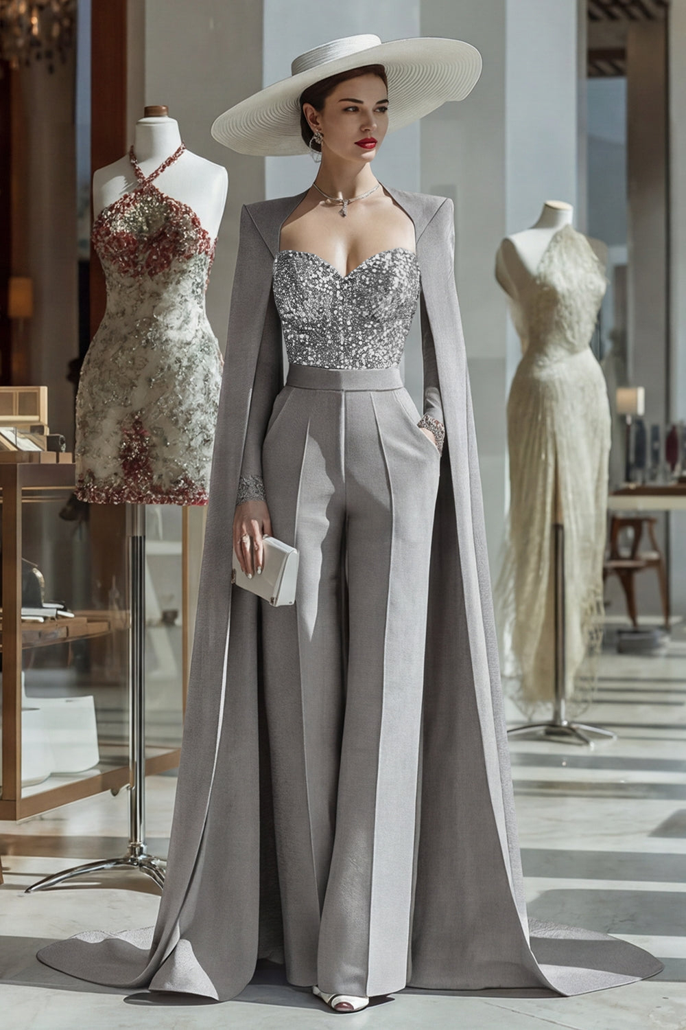 Cabernet Long Sleeves Mother of the Bride Jumpsuits with Cape