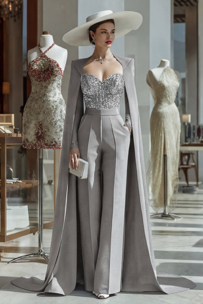 Cabernet Long Sleeves Mother of the Bride Jumpsuits with Cape