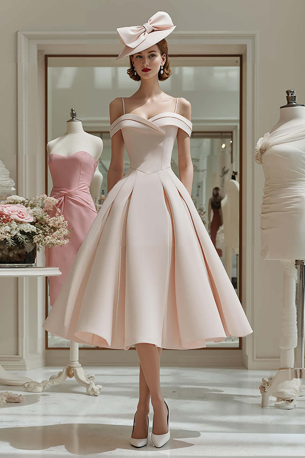 Leely Women Candy Pink Midi Satin Mother of the Bride Dress Cold Shoulder A Line Wedding Guest Dress
