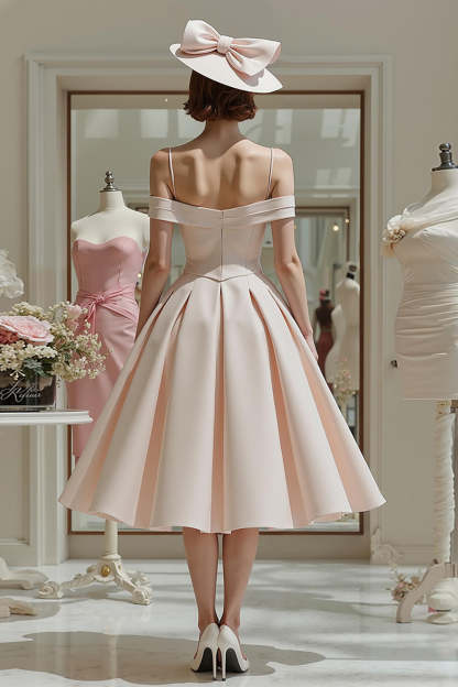 Candy Pink A Line Cold Shoulder Midi Mother of the Bride Dress