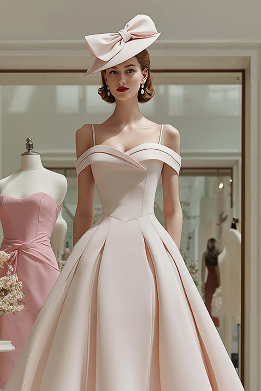Candy Pink A Line Cold Shoulder Midi Mother of the Bride Dress