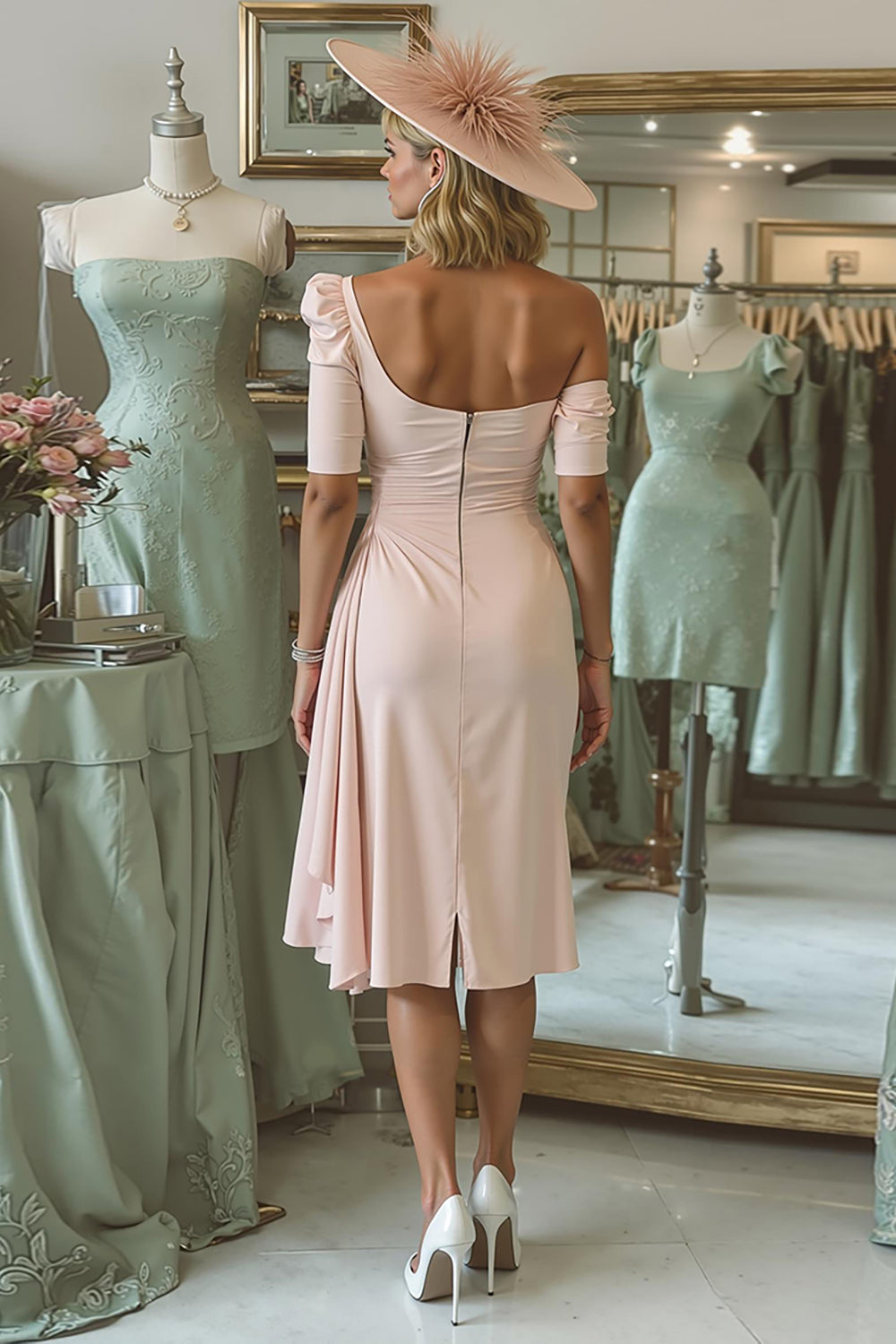 Blush Pink One Shoulder Bodycon Midi Mother of the Bride Dress with Sleeves