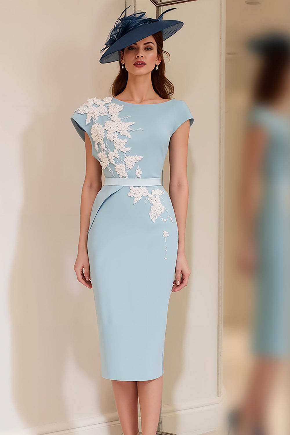 Leely Women Light Blue Satin Bodycon Floral Midi Mother of the Bride Dress with Slit Boat Neck Wedding Guest Dress with Sleeves