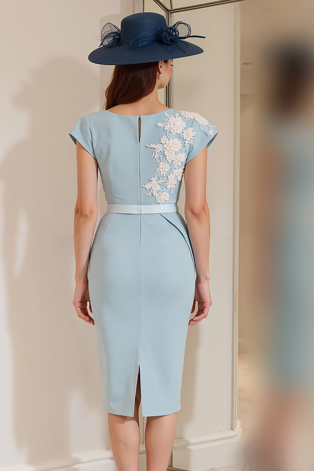 Light Blue Floral Bodycon Boat Neck Midi Mother of the Bride Dress with Slit