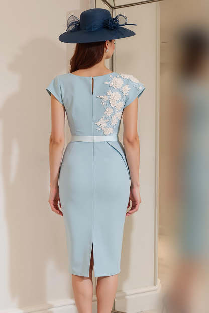 Light Blue Floral Bodycon Boat Neck Midi Mother of the Bride Dress with Slit