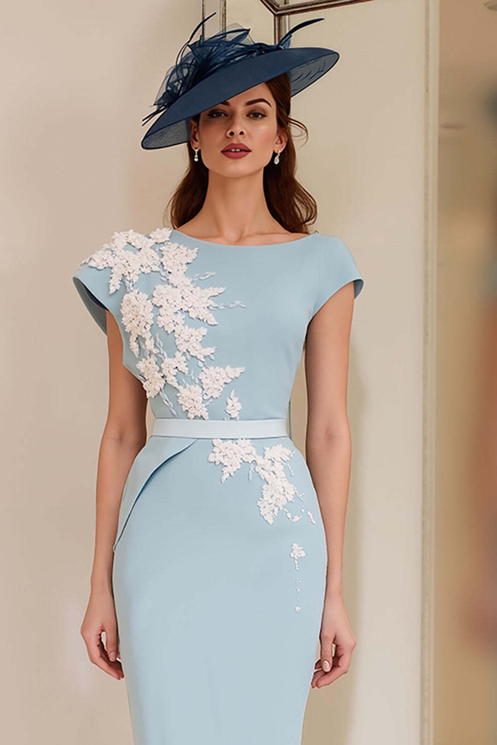 Light Blue Floral Bodycon Boat Neck Midi Mother of the Bride Dress with Slit