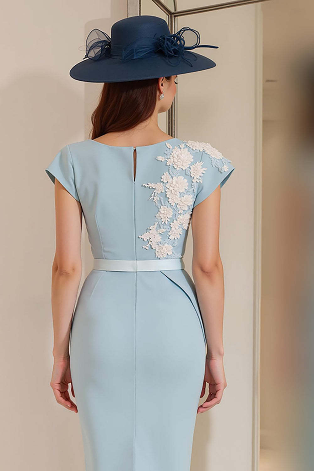 Light Blue Floral Bodycon Boat Neck Midi Mother of the Bride Dress with Slit