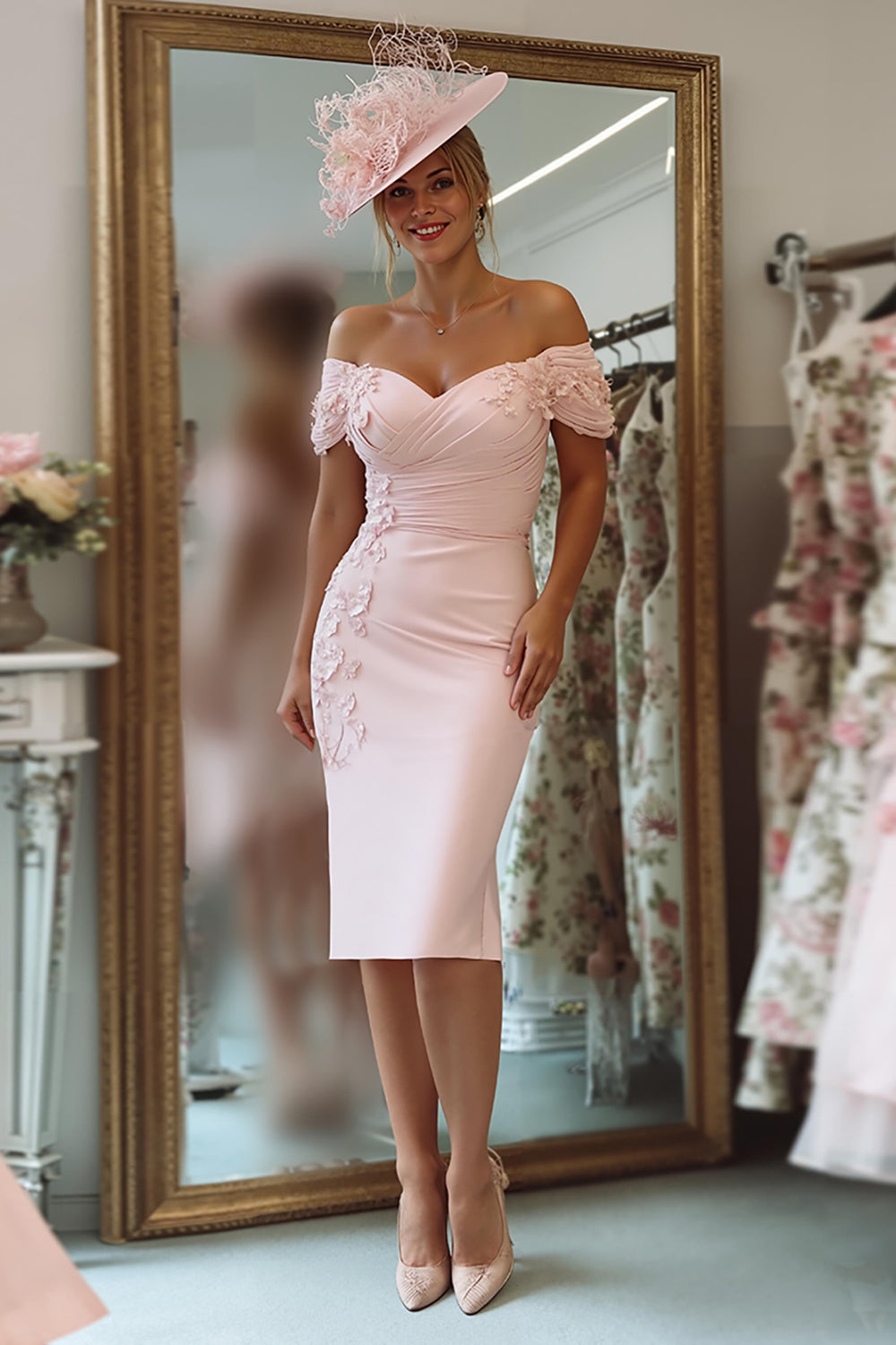 Leely Women Blush Pink Satin Bodycon Midi Mother of the Bride Dress Floral Off the Shoulder Wedding Guest Dress