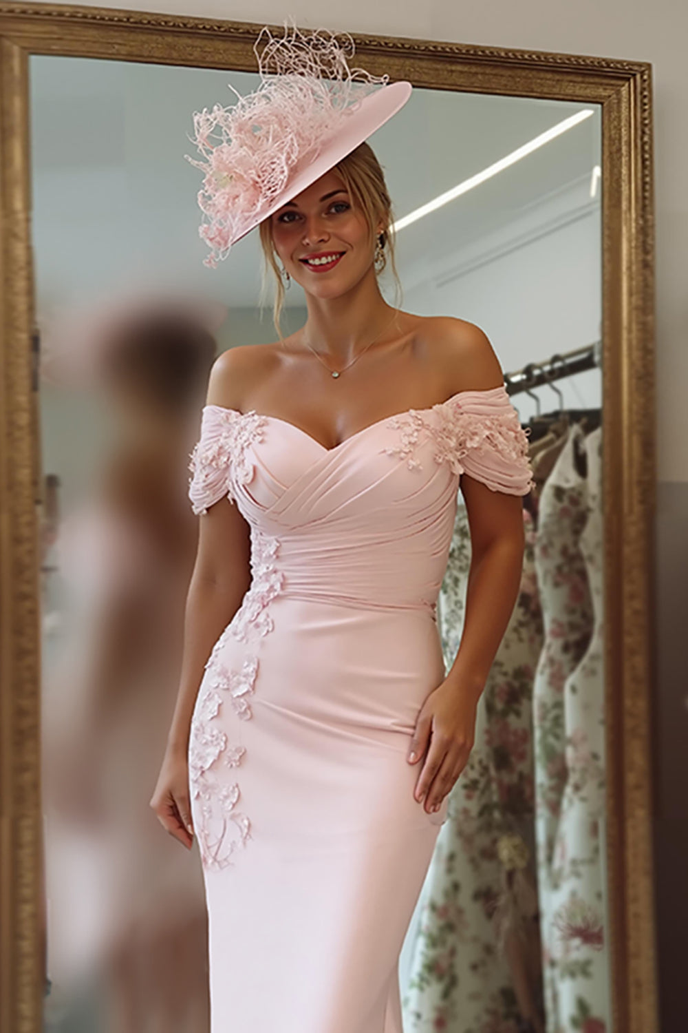Blush Pink Bodycon Floral Off the Shoulder Midi Mother of the Bride Dress