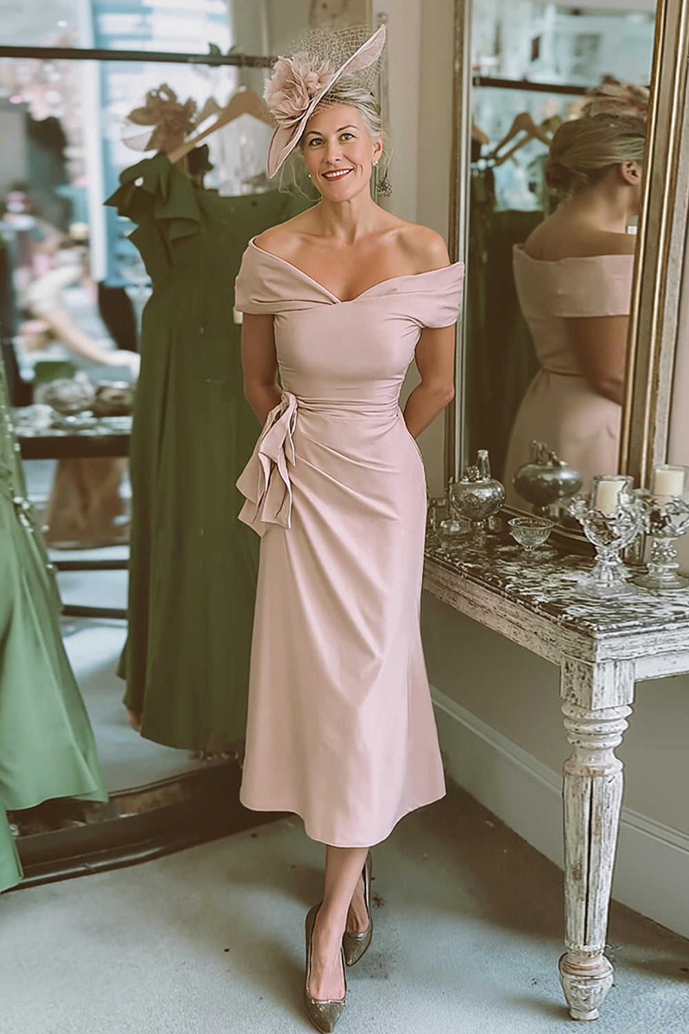 Leely Women Blush Pink Bodycon Satin Midi Mother of the Bride Dress Off the Shoulder Wedding Guest Dress