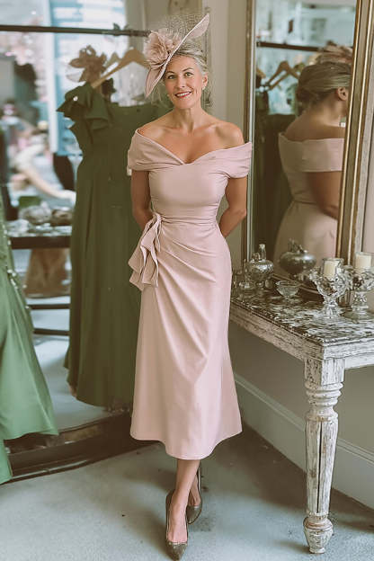 Leely Women Blush Pink Bodycon Satin Midi Mother of the Bride Dress Off the Shoulder Wedding Guest Dress
