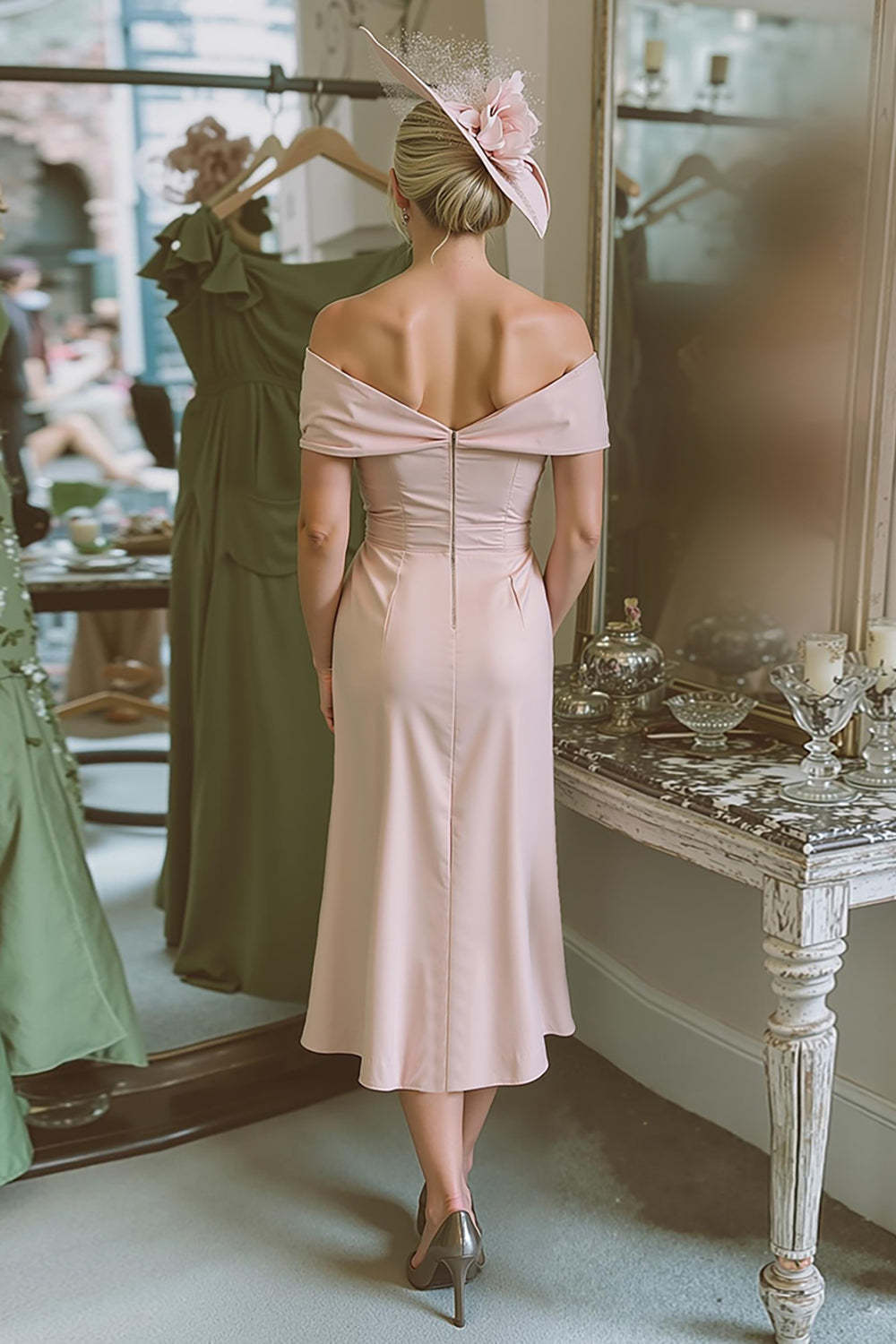 Blush Pink Bodycon Off the Shoulder Midi Mother of the Bride Dress