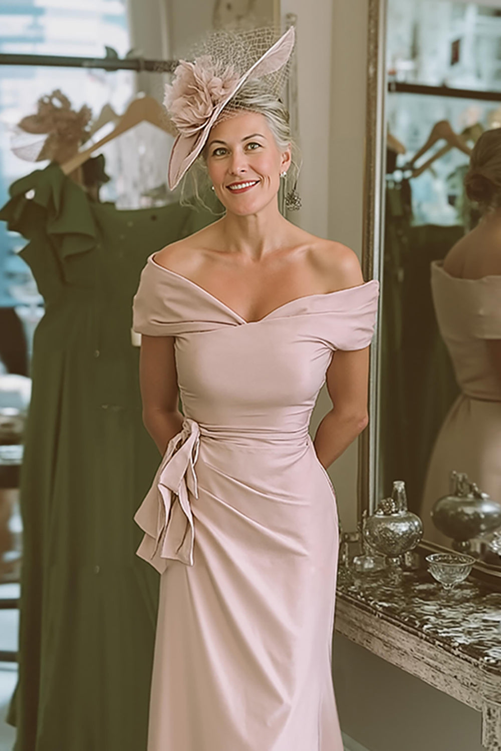 Blush Pink Bodycon Off the Shoulder Midi Mother of the Bride Dress