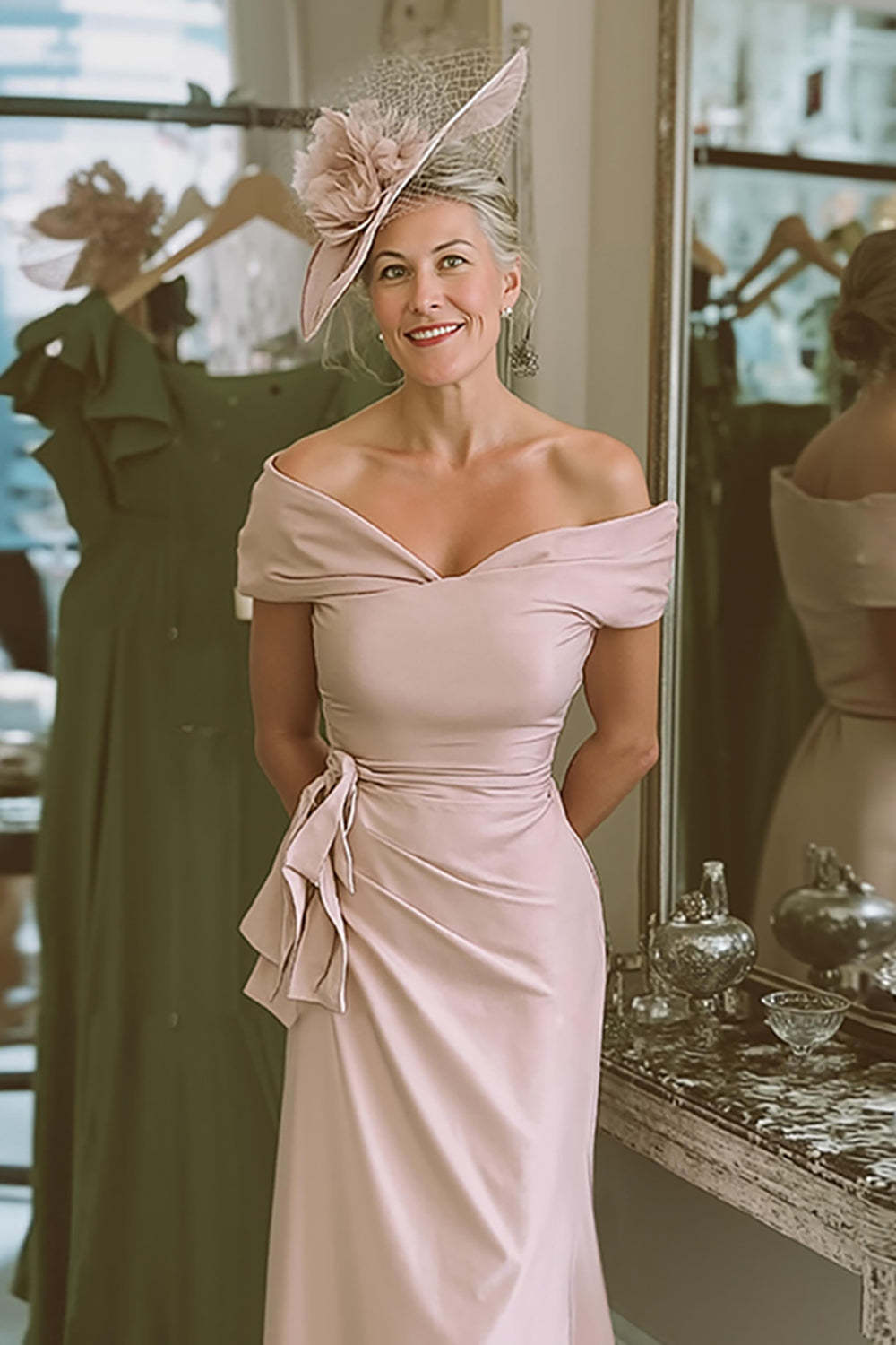 Blush Pink Bodycon Off the Shoulder Midi Mother of the Bride Dress