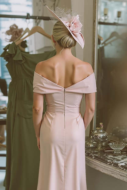 Blush Pink Bodycon Off the Shoulder Midi Mother of the Bride Dress