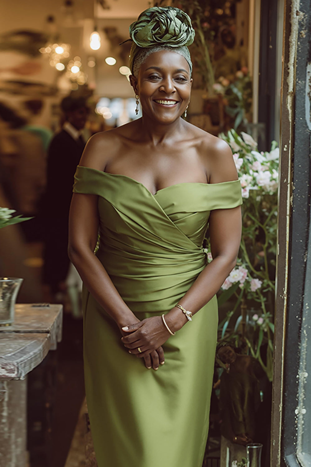 Dusty Sage Sheath Off the Shoulder Maxi Mother of the Bride Dress