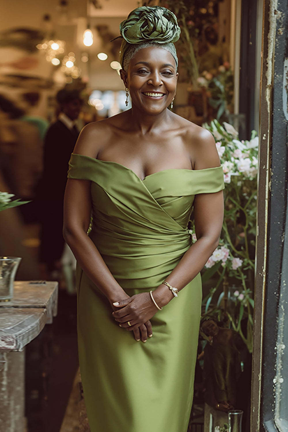 Dusty Sage Sheath Off the Shoulder Maxi Mother of the Bride Dress