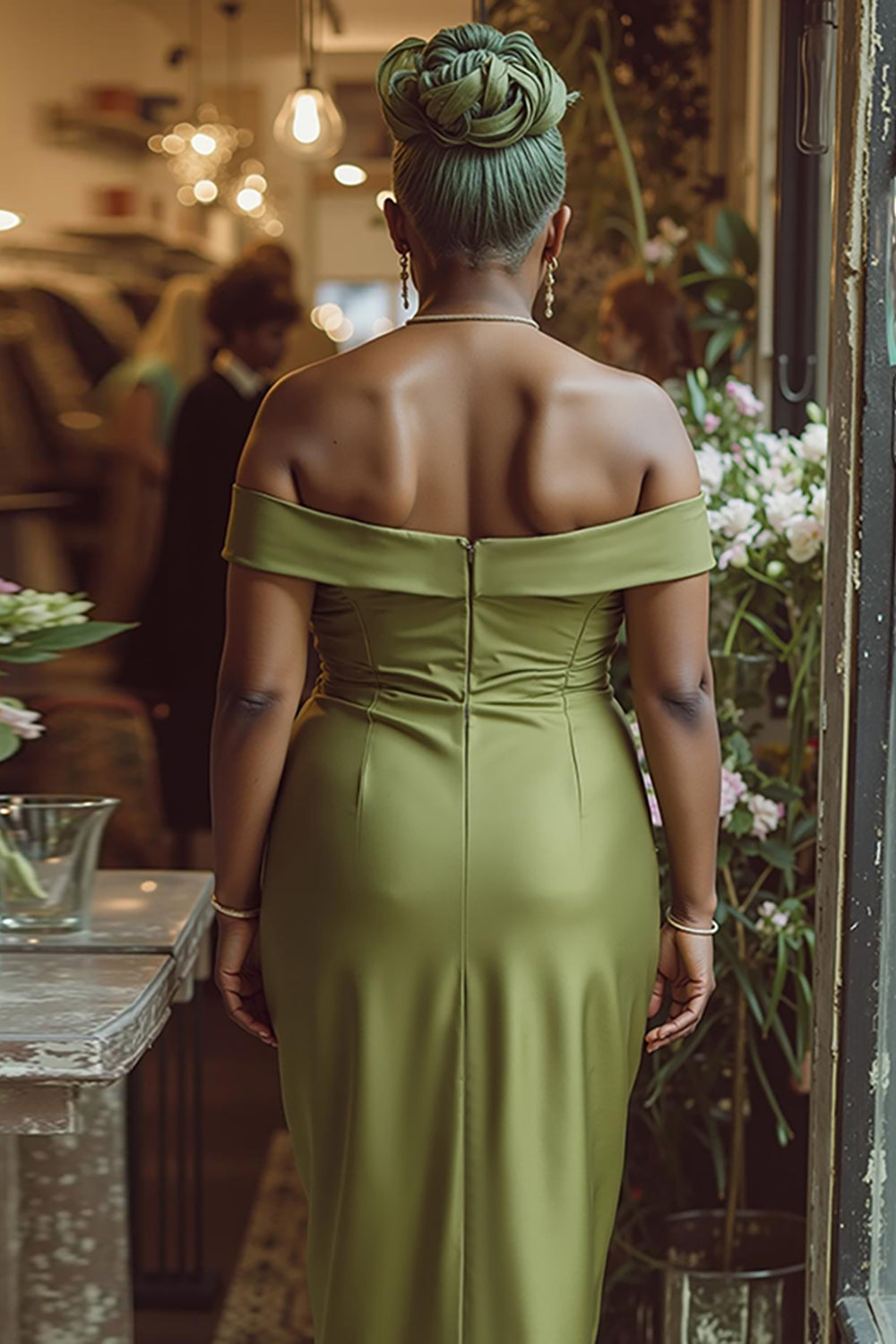 Dusty Sage Sheath Off the Shoulder Maxi Mother of the Bride Dress