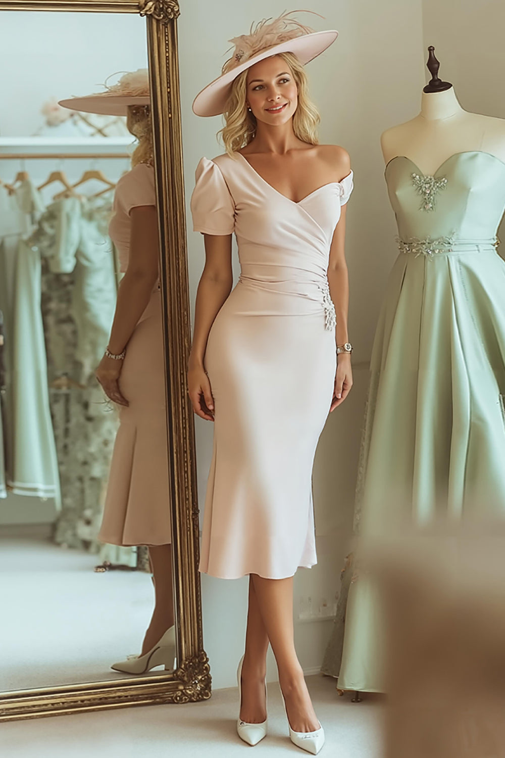 Candy Pink Bodycon One Shoulder Midi Mother of the Bride Dress with Sleeves
