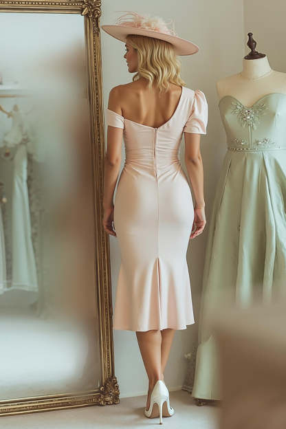 Candy Pink Bodycon One Shoulder Midi Mother of the Bride Dress with Sleeves