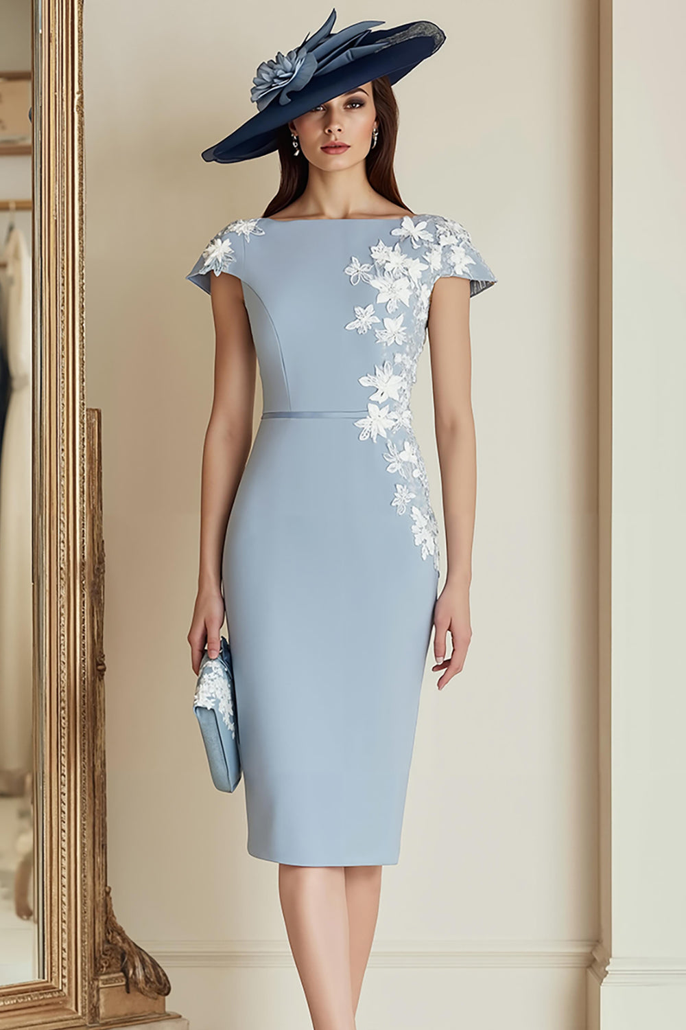 Leely Women Dusty Blue Bodycon Floral Midi Mother of the Bride Dress with Sleeves Bateau Neck Satin Wedding Guest Dress