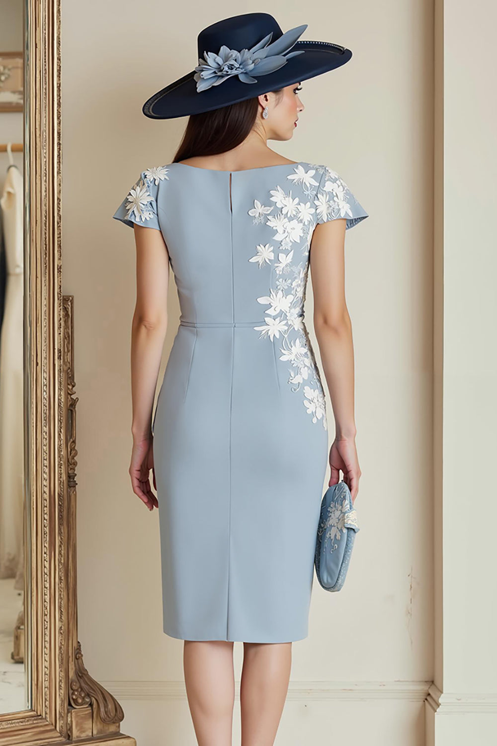 Dusty Blue Bodycon Bateau Neck Floral Midi Mother of the Bride Dress with Sleeves