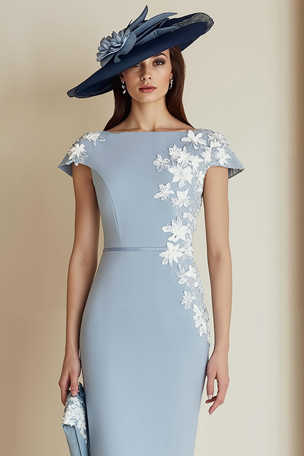 Dusty Blue Bodycon Bateau Neck Floral Midi Mother of the Bride Dress with Sleeves