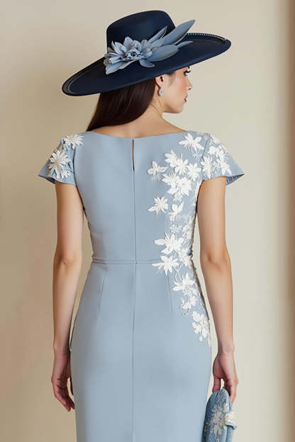 Dusty Blue Bodycon Bateau Neck Floral Midi Mother of the Bride Dress with Sleeves