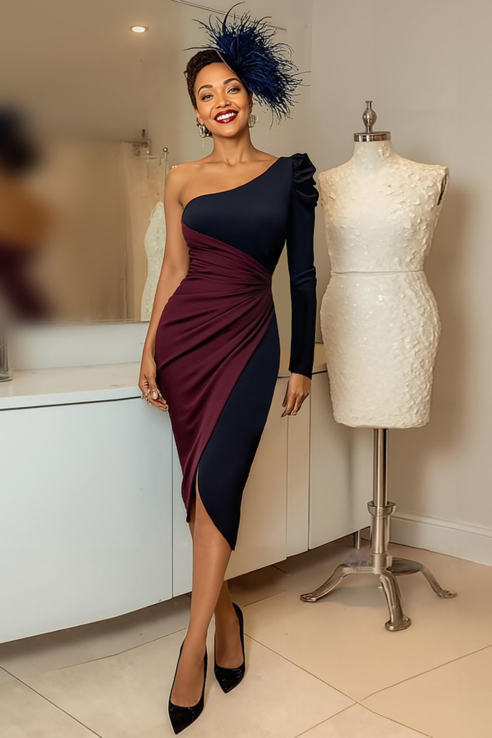 Leely Women Burgundy Navy Midi Mother of the Bride Dress with Sleeves Ruched One Shoulder Bodycon Asymmetrical Wedding Guest Dress with Slit